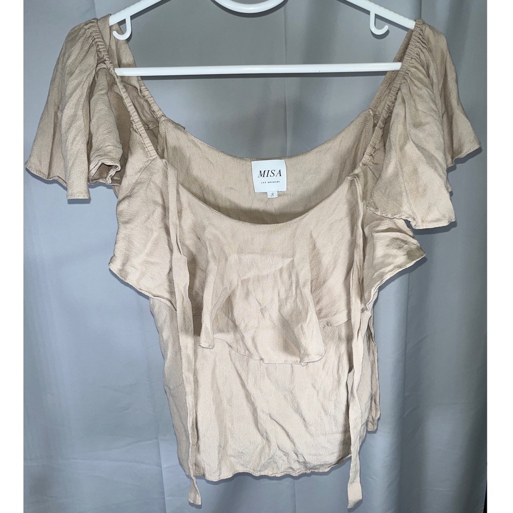 MISA Los Angeles Ruffle Off Shoulder Top Beige Rayon Boho Blouse Small